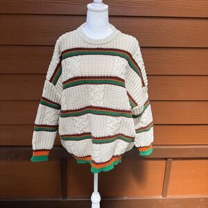 Alicedudu Cable Knit Sweater Womens L Cream Striped Oversized Chunky Pullover